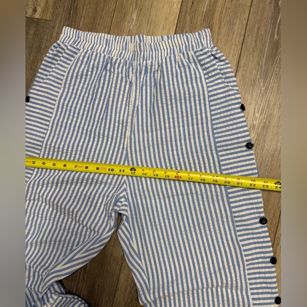 #12)  Striped Blue and White Pants with Button Accents - Picture 8 of 11